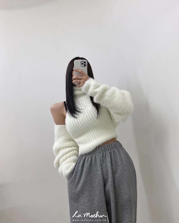 馬海毛高領削肩背心